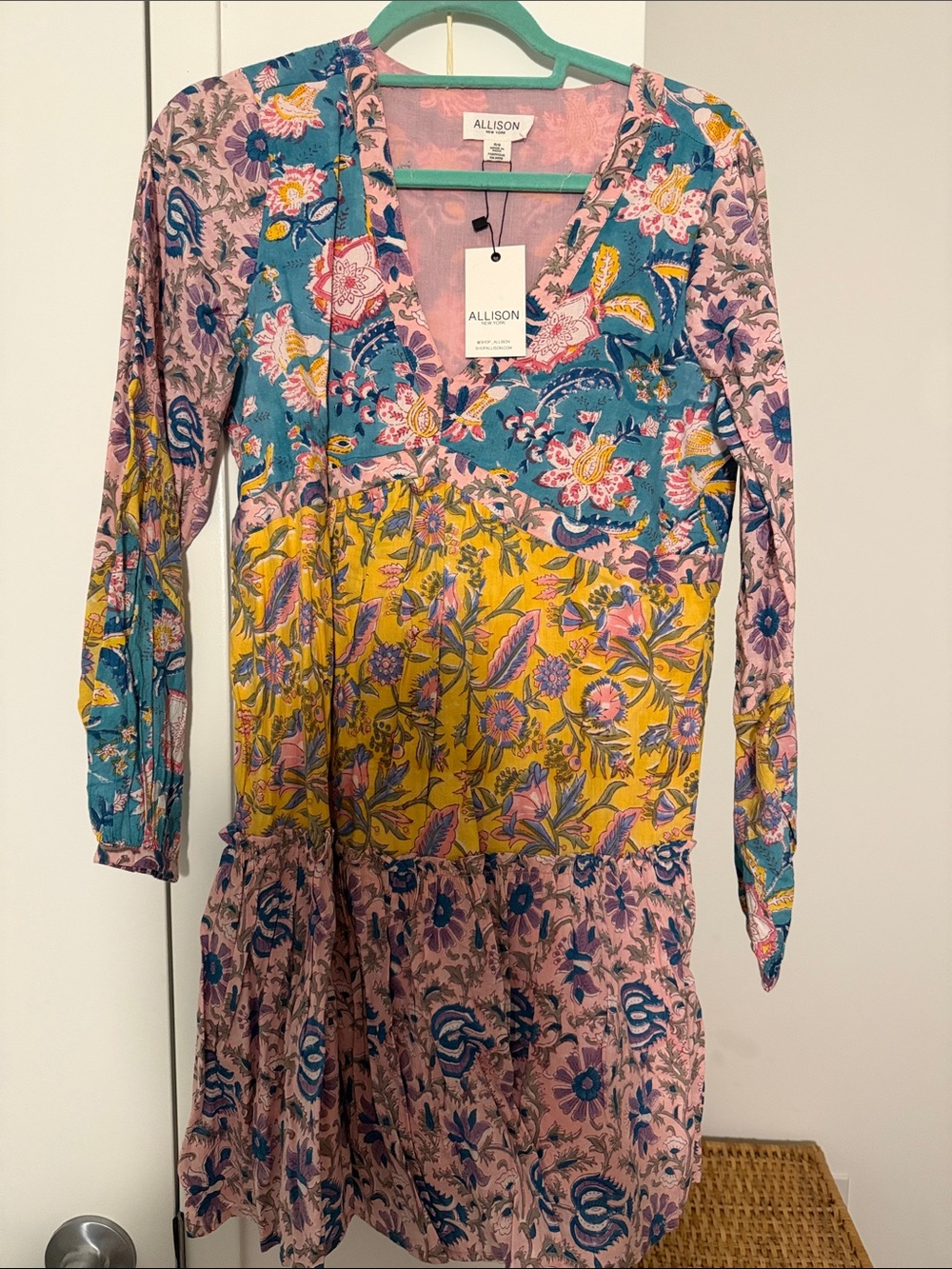 Allison New York Floral Patchwork V-Neck Long-Sleeve Dress in Pink/Yellow/Teal